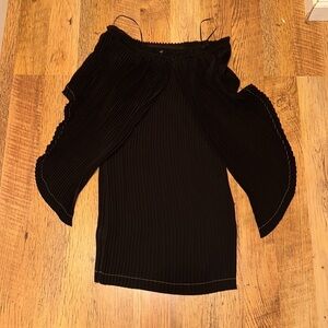 Delfi Black Off the Shoulder Chiffon Ruffle Cocktail Cape Style Back D6